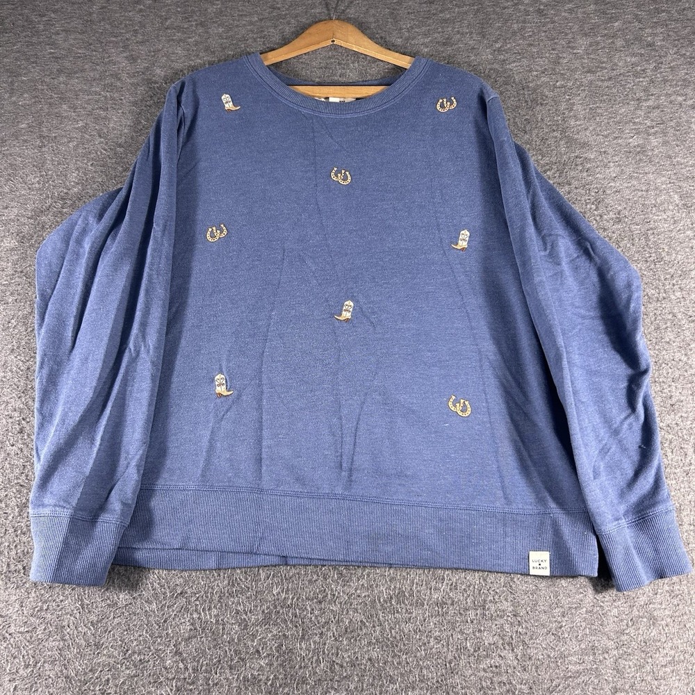 Lucky Brand Blue Sweatshirt Embroidered Boots Horseshoes XL Country Cowgirl Cozy